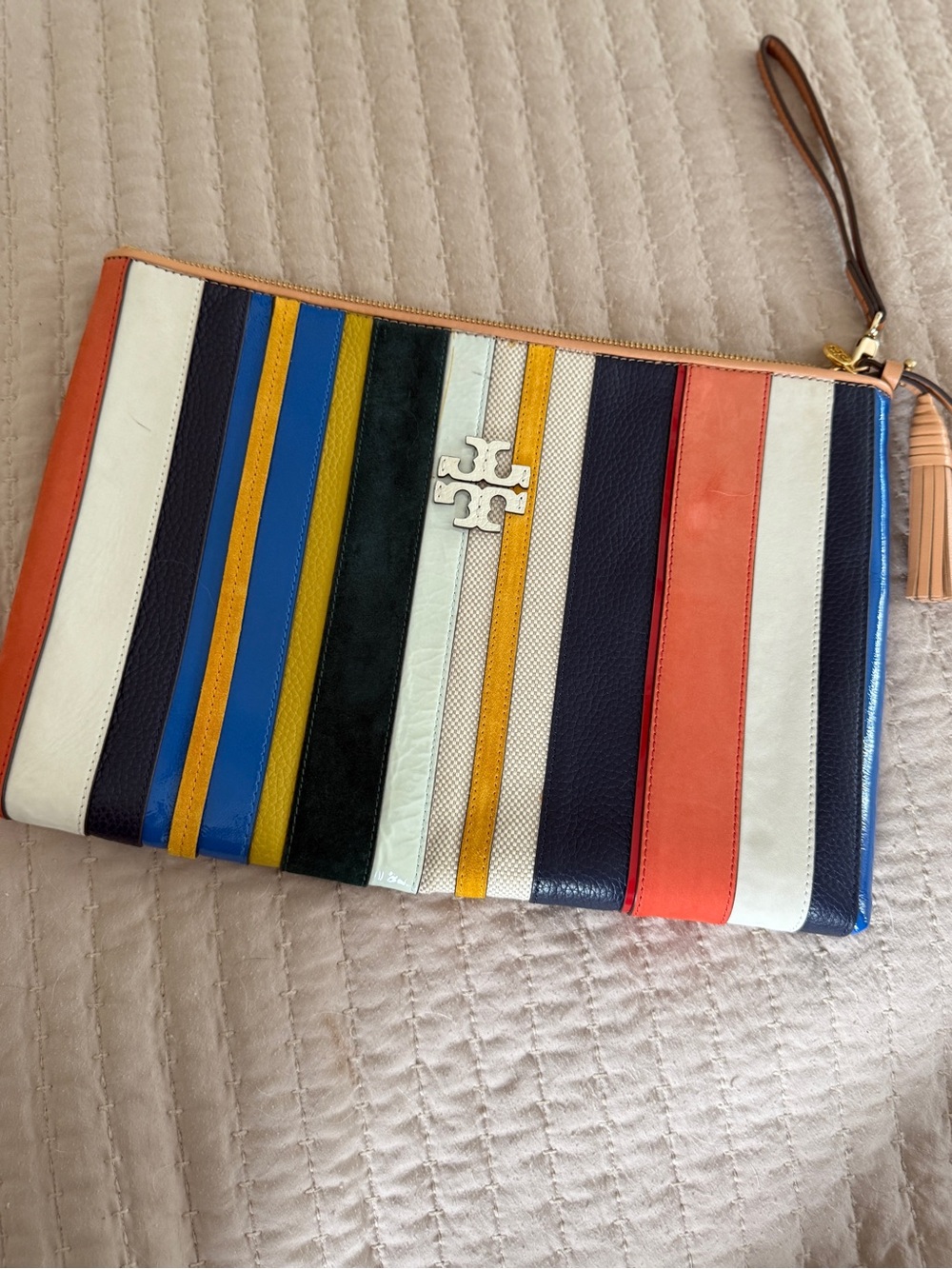 Tory Burch Striped Leather Wristlet in Navy, Coral & White
